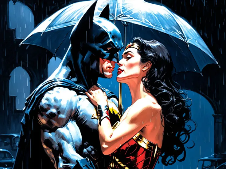 Wonder woman kissing batman, in the rain, night scene, art by Makoto Shinkai, art by J.C. Leyendecker, batumbrella
pastel color
<lora:xl_more_art-full-beta2:1>