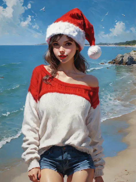 1girl, solo, santa hat,beach, best quality,masterpiece,realistic, virgin_killer_sweater,
<lora:xl_more_art-full-beta2:1>