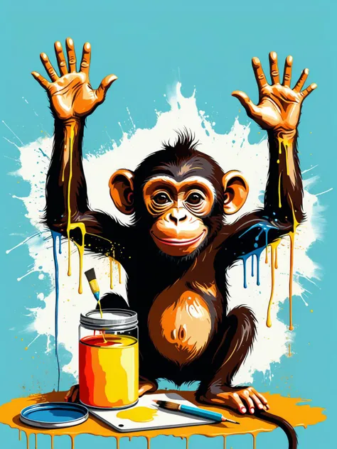 minimalistic, flat shading, a detailed photo of a monkey dripping paint learning to use tools, detailed god rays, perfect hands, computer
<lora:xl_more_art-full_v1:1>