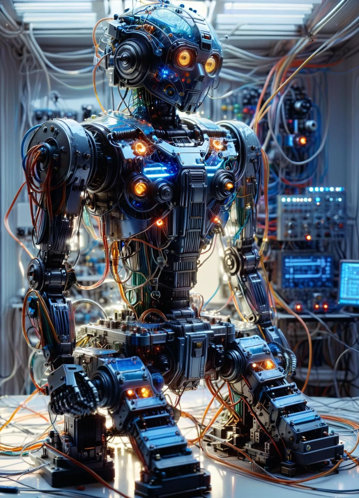 ((Johnny 5)), in a laboratory full of wires and cables connected to a pop 70's plexiglass robot, 80 degree view, art by Sergio Lopez , Natalie Shau, James Jean and Salvador Dali <lora:xl_real_beta1:0.32> <lora:sss:0.35> <lora:WireTechXL:0.44> wiretech <lora:MJ52:0.44> <lora:Electrical_Wires_Style_SDXL:0.33> ais-wirez, subsurface scattering, Photorealistic, Hyperrealistic, analog style, realistic, film photography, soft lighting, heavy shadow