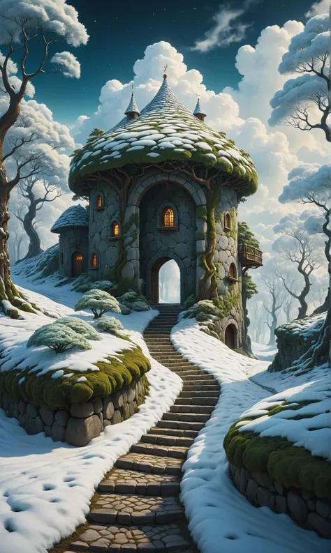 Snowy landscape meandering through a surreal forest, clouds heavy above, stone path leading to an enigmatic stable encased by fantasycore elements, styled in the essence of Jacek Yerka, trees bending in impossible angles, natural light casting ethereal glows over the scene, octane rendering, ultra fine, high dynamic range.<lora:xl_more_art-full_v1:0.3>