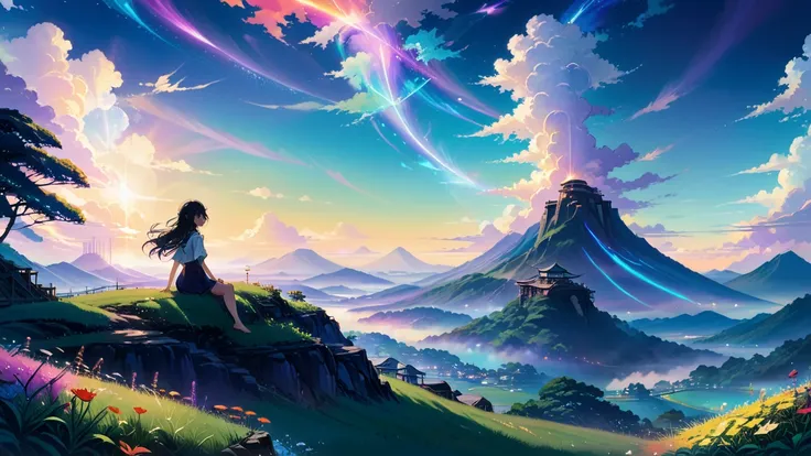 Dreamscape, immensely beautiful, cartoon by Greg Rutkowski and Makoto Shinkai, euphoria and bliss (HIGH QUALITY:1.7), (colorful:1.75), ANIME, sharp focus, illustration , <lora:add-detail-xl:1.0>, <lora:xl_real_beta1:0.75>, Surreal, ethereal, dreamy, mysterious, fantasy, highly detailed