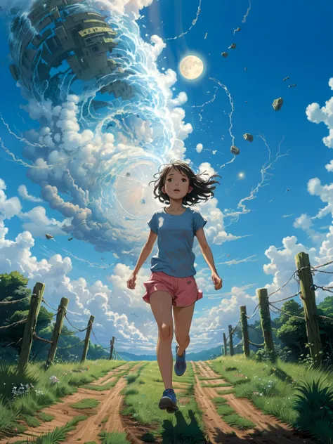 by Makoto Shinkai, (girl running through time), existential, otherworldly, mysterious, surreal, suspenseful, unsettling, immensely detailed, high contrast <lora:fractal-art.v1:0.35> , <lora:add-detail-xl:0.9> , <lora:xl_more_art-full_v1:0.7>
