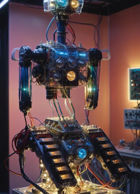 ((johny 5)), in a laboratory full of wires and cables connected to a pop 70's plexiglass robot, 80 degree view, art by Sergio Lopez , Natalie Shau, James Jean and Salvador Dali <lora:xl_real_beta1:0.32>, subsurface scattering, Photorealistic, Hyperrealistic, analog style, realistic, film photography, soft lighting, heavy shadow