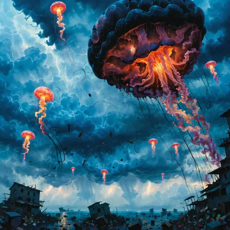 by Satoshi Kon and Mike Mignola,(black,blue , alluring , masterful:1.4),poster art,bold lines,hyper detailed,expressive,award winning,(landscape:1.5),(intricate details, masterpiece, best quality:1.5),key lighting,looking at viewer,dynamic pose,wide angle view,<lora:add-detail-xl:1>,<lora:xl_more_art-full-beta2:0.8>,there are huge semi transparent jellyfish in the air,jellyfish have a (psychedelic color, semi transparent, masterful:1.4),it is an organic substance composed of an extremely thin organic layer,jellyfish have super long tentacles and mysterious colors,lightning in clouds as background,there are many silhouettes of garbage and ruins in the foreground,the clouds in the sky have a psychedelic color,the directionality of cloud flow is very obvious,clouds churn and shimmer with eerie colors in the sky,Blood Mist,the background has a raging ocean,garbage and dead fish float on the sea surface,roll up spray and foam,despair,torn clothes,crying with eyes open,solo,Blood Rain,bandages,Gunpowder smoke,beautiful deatailed shadow,dust,tyndall effect,everywhere is acid rain,rainstorm,lightning in the clouds,thundercloud,