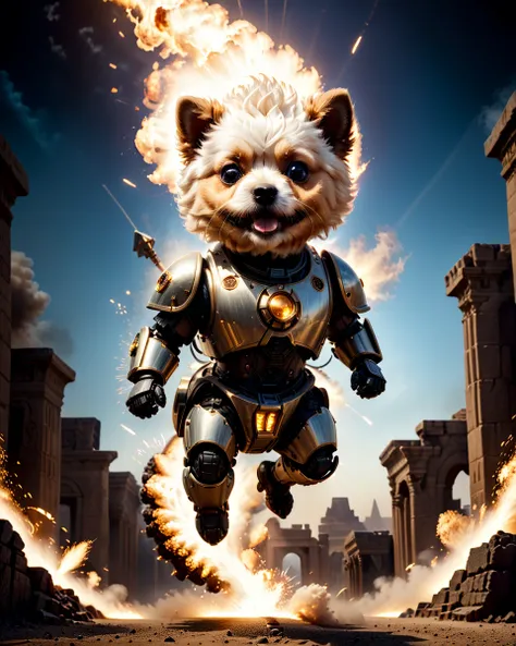 asymmetrical composition, wide angle, 12mm, low angle, bokeh, cinemascope, anamorphic, moody, gorgeous, film grain, grainy, cinematic film still by john Wilhelm, cute anthropomorphic Maltipoo as ancient Egypt mecha-warrior,jumping out of epic explosion, contrapposto, action-packed, fire sparks, Rembrandt cinematic light, golden ratio composition, photorealistic, <lora:xl_real_beta1:0.7>