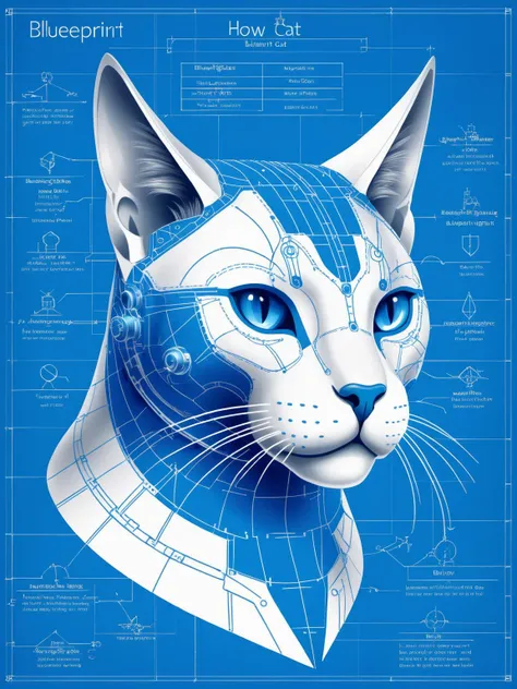 (blueprint:3.0) of a futuristic cybernetic cat head with text "How to CAT", 3d frame, x-ray, mechanical parts, technical drawing, flat design, vector illustration, white pencil lines, nuts, bolts, outline, parts, measurements, epic, majestic, fantasy art <lora:XL_fractal-art.v1:0.5>