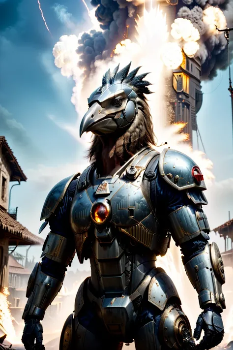 bulky shoebill as ancient Rome Soviet mecha-warrior, blood and dirt on the armor, asymmetrical composition, contrapposto, wide angle action-packed shot by Stefan Gesell, 12mm ff lens, low angle perspective, bokeh, cinemascope, fire sparks, smoke trails, dust, grim , moody , gorgeous, film grain, grainy, cinematic light, golden ratio composition, photorealistic, <lora:xl_real_beta1:0.9>,