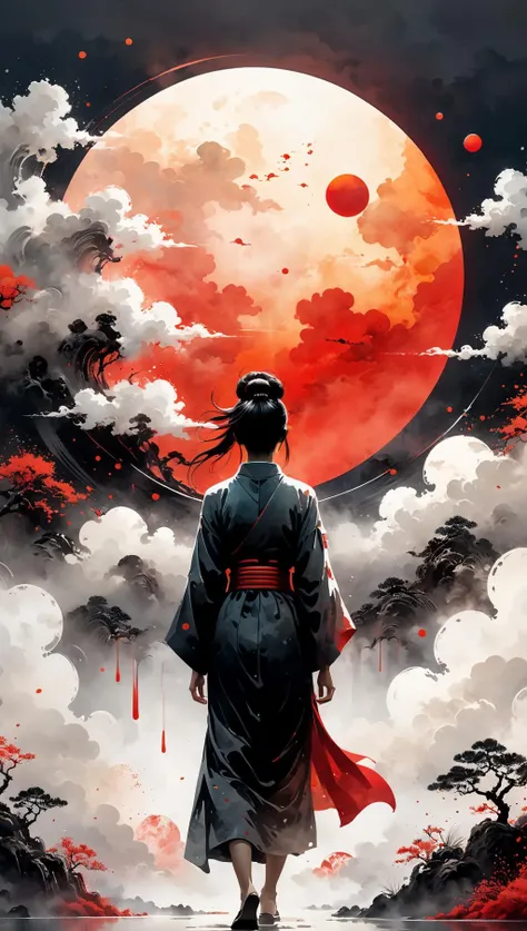A detailed illustration muted chinese ink painting, muted colors, rice paper texture, splash paint, halo ai, one human, one red sun. Venus. Space. Clouds wet to wet techniques. vibrant vector. using Cinema 4D<lora:xl_more_art-full_v1:0.5>
