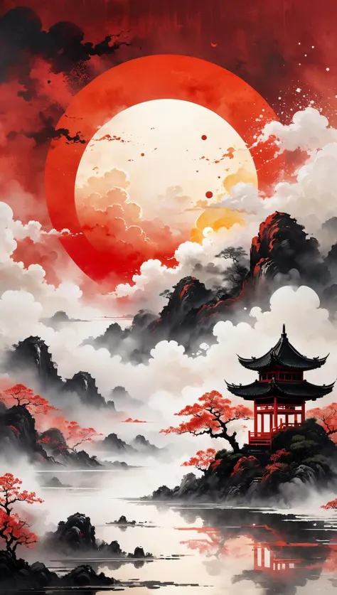 A detailed illustration muted chinese ink painting, muted colors, rice paper texture, splash paint, halo ai, one human, one red sun. Venus. Space. Clouds wet to wet techniques. vibrant vector. using Cinema 4D<lora:xl_more_art-full_v1:0.5>