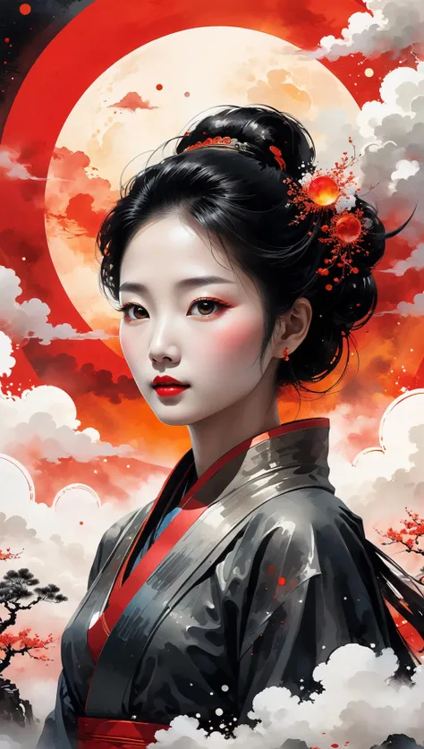 A detailed illustration muted chinese ink painting, muted colors, rice paper texture, splash paint, halo ai, one human, one red sun. Venus. Space. Clouds wet to wet techniques. vibrant vector. using Cinema 4D<lora:xl_more_art-full_v1:0.5>