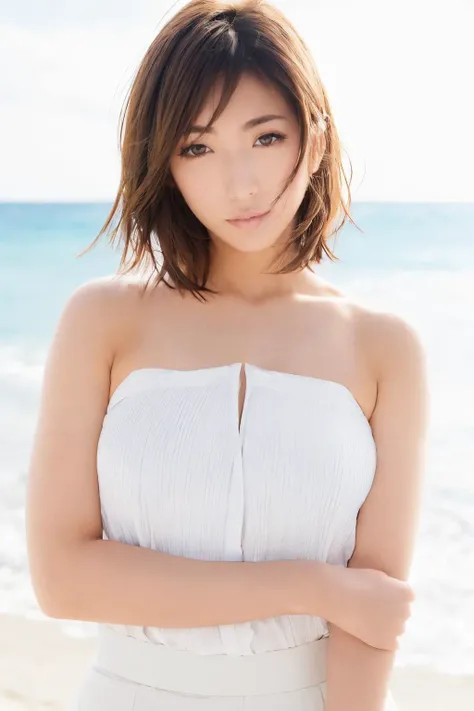 Masterpiece, Top quality, realistic, anatomically correct human body structure, very detailed, very delicate and beautiful, RAW photography, beach, professional lighting, luminescence, depth of field, single focal, Skinny Japanese lady, 40 years old, brown hair, small head, beautiful eyes, real face, realistic skin, detailed eyes, (fashionable hairstyle: 1.3), sexy pose, absurderes, Incredibly Ridiculous res, Extremely fine, Blouse, long skirt