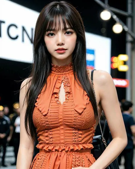 a woman posing on the street corner with orange dress on, best quality, 1girl, huge breasts, night, neon light, blur background:1.5, outdoor, (street:0.8), (lace-trimmed dress:1.2, orange sleeveless dress, printed dress, orange clothes:1.5, orange high-neck dress:1.5, orange dress: 1.5), gorgeous, (parted bangs, medium-length hair:1.5), beautiful detailed night sky, (dynamic pose:0.61), (upper body:0.8), soft lighting, wind, shiny skin, smile, teeth, gorgeous, pureerosface_v1:1, <lora:idol-Lisa:0.51>