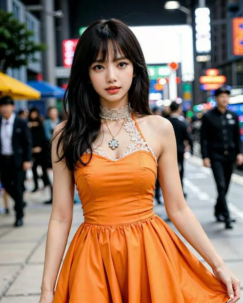 a woman posing on the street corner with orange dress on, best quality, 1girl, huge breasts, night, neon light, blur background:1.5, outdoor, (street:0.8), (lace-trimmed dress:1.2, orange sleeveless dress, printed dress, orange clothes:1.5, orange high-neck dress:1.5, orange dress: 1.5), gorgeous, (parted bangs, medium-length hair:1.5), beautiful detailed night sky, (dynamic pose:0.61), (upper body:0.8), soft lighting, wind, shiny skin, smile, teeth, gorgeous, pureerosface_v1:1, <lora:idol-Lisa:0.51>