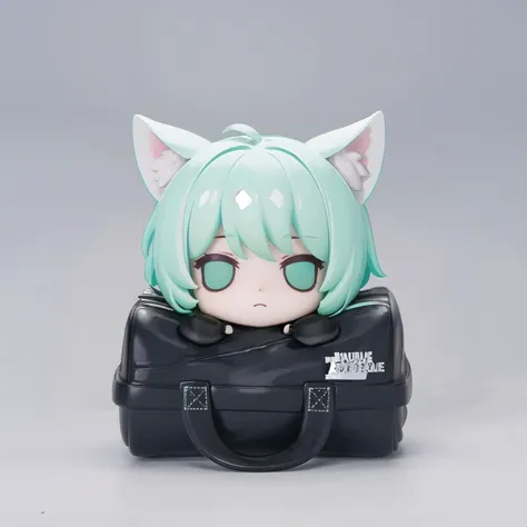 ARKHR, 1girl, animal ears, solo, green eyes, white hair, white background, bag, chibi, cat ears, animal ear fluff, short hair, simple background, looking at viewer, bangs, closed mouth <lora:humanresource-pynoise:1>