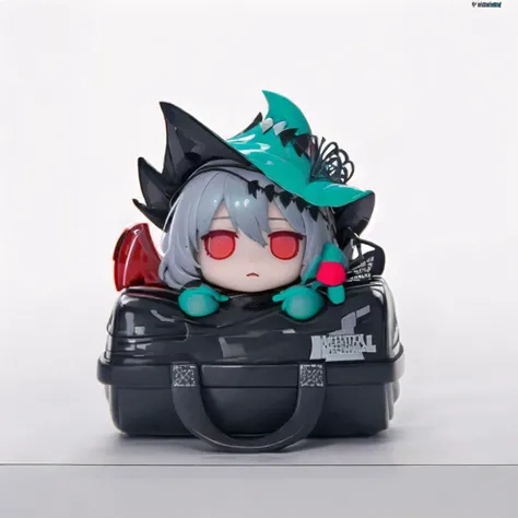 ARKHR, 1girl, redhat,redskadi,solo, white background, simple background, looking at viewer, chibi, red eyes, bag, <lora:humanresource-pynoise:1> <lora:Arknights-Skadi the Corrupting Heart:1>