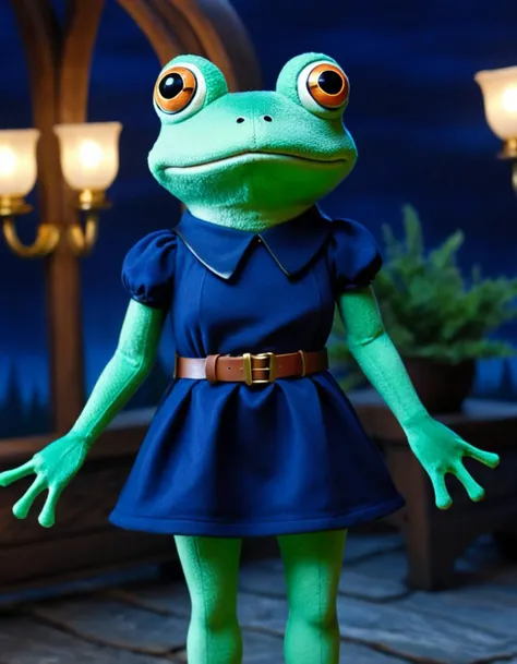 ral-plsy, Cosy, crisp lines, Magnificent Noble (Frog:1.1) , wearing Smooth Navy Blue [Mini dress:Dance tights:18] from the 1990's, has a small Leather belt, Horror, Fairy-Tale, One Color, Luminous trails, <lora:ral-plsy-sdxl:1>, extremely rich detail, dynamic cinematic perfect background, complimentary colors, extremely stylish, deep aesthetic, deep rich colors