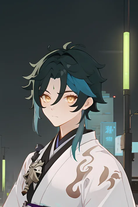 masterpiece, best quality,8k, parted bangs, cyberpunk city, xiao, 1boy, upper body, genshin impact, male male focus, 1boy, yellow eyes, cyberpunk city background,
(japanese clothes:1.2),
