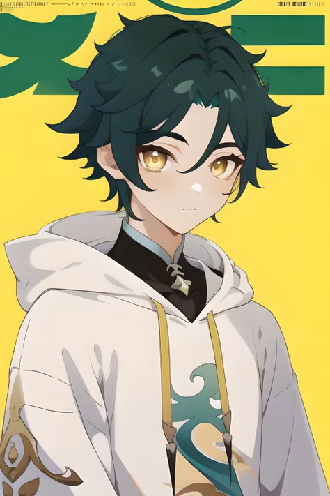 masterpiece, best quality,8k, xiao, 1boy, parted bangs, upper body, genshin impact, male male focus, 1boy, yellow eyes,
(hoodie:1.2), (magazine cover:1.0),
simple background,