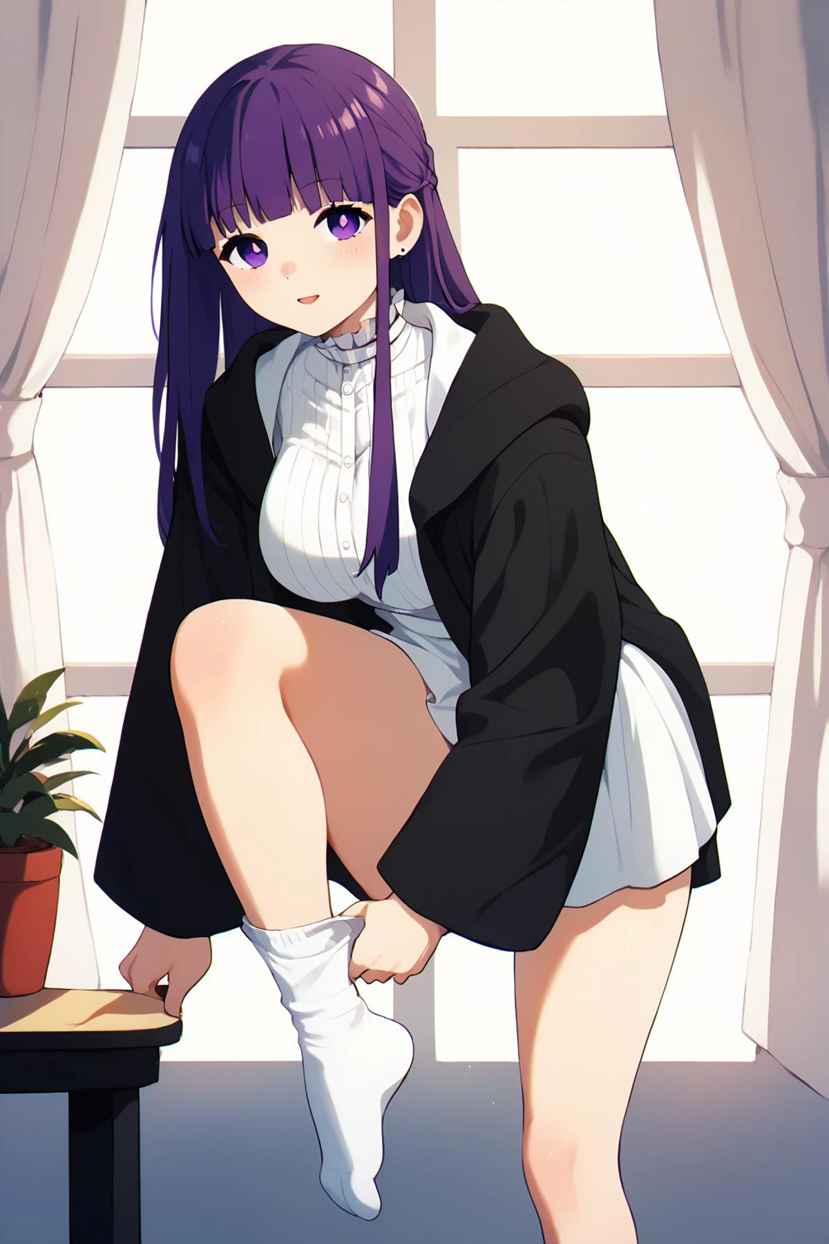 dressing socks, adjusting legwear, <lora:dressingsocks_Pony_v1:1.2>, <lora:SousouNoFrieren_FernXL:0.8> FernSSnF,purple hair, long hair, purple eyes, bright pupils, blunt bangs,large breasts, FernCasual, white dress, black robe, open clothes, hood, frilled collar,white stockings,standing, standing on one leg, butt, bending forward, Score_9, Score_8_up, Score_7_up, Score_6_up, Score_5_up, Score_4_up, BREAK,1girl in full growth, best quality, masterpiece, ultra-detailed, high quality,good quality,1 girl,(master piece,high resolution, ultra detailed,8K,16K),look at viewer