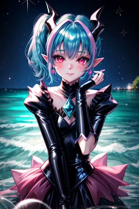 EvlSM, DarkPrecure, Bad_End_Precure, professional image of a cute young woman, (frilly elegant glossy dark holographic dress, crescent brooch, crescent earrings, crescent accessories:1.2),
(blue water dragon horns, blue water dragon tail:1.3), (short hair, side ponytail, hair above cheeks, light blue hair with light pink hairtips, gradient hair, multicolored hair:1.4), red eyes, (small breasts, cute face, innocent, shy, pointy ears:1.1), (sparkles, sparkling clothes, sparkles near eyes:1.3),
(intricate aquatic background, underwater, sparkling water, ocean floor, corral reef, bubbles:1.2),
(ultra wide angle shot, cinematic style, absurdres, incredibly absurdres, huge filesize, extremely detailed, High quality texture, physically-based rendering, Ray tracing, octane render, sharp focus, (8k), (4k), (Masterpiece), (Best Quality), extremely detailed, intricate, hyper detailed, illustration, soft lighting, high resolution, sharp detail,)