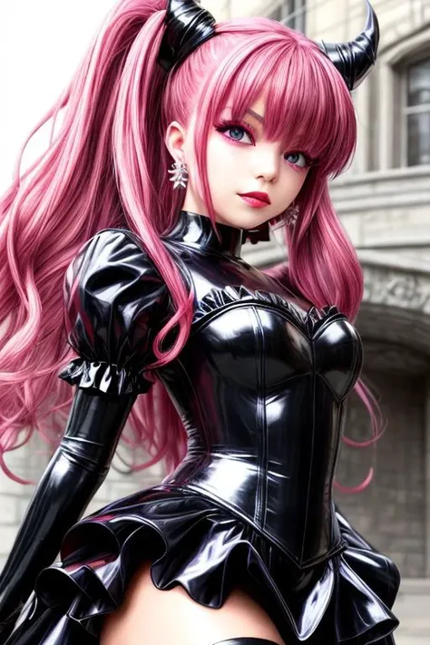 evil corrupted young princess wearing dark pastel (ruffled:1) (gleaming latex:1) EvlSM DarkPrecure Bad_End_Precure gown with (long latex cape:1) and latex elbow bridal gauntlets, (Perfect Face:1), soft lighting, glossy red lips, ruffles,
<lora:more_details:1>