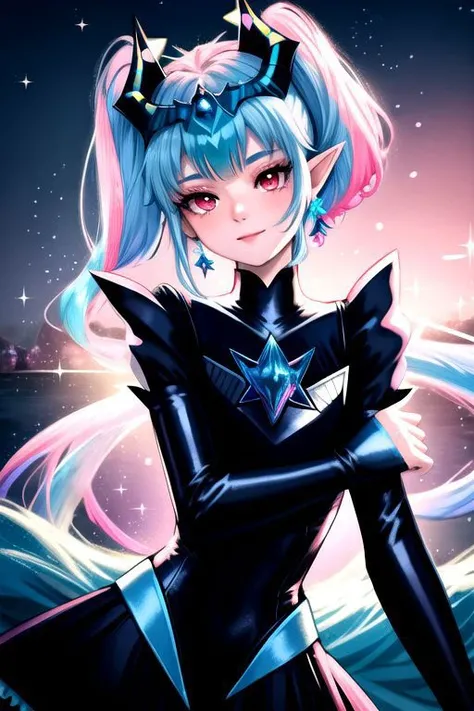 EvlSM, DarkPrecure, Bad_End_Precure, professional image of a cute young woman, (frilly elegant glossy dark holographic dress, crescent brooch, crescent earrings, crescent accessories:1.2),
(blue water dragon horns, blue water dragon tail:1.3), (short hair, side ponytail, hair above cheeks, light blue hair with light pink hairtips, gradient hair, multicolored hair:1.4), red eyes, (small breasts, cute face, innocent, shy, pointy ears:1.1), (sparkles, sparkling clothes, sparkles near eyes:1.3),
(intricate aquatic background, underwater, sparkling water, ocean floor, corral reef, bubbles:1.2),
(ultra wide angle shot, cinematic style, absurdres, incredibly absurdres, huge filesize, extremely detailed, High quality texture, physically-based rendering, Ray tracing, octane render, sharp focus, (8k), (4k), (Masterpiece), (Best Quality), extremely detailed, intricate, hyper detailed, illustration, soft lighting, high resolution, sharp detail,)