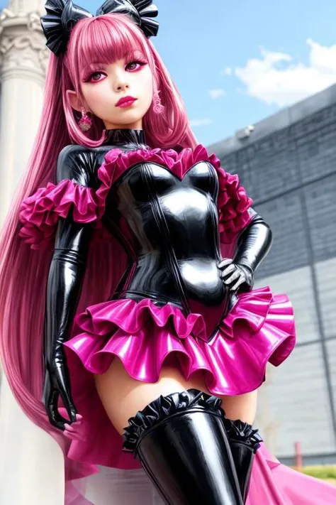 evil corrupted young princess wearing dark pastel (ruffled:1) (gleaming latex:1) EvlSM DarkPrecure Bad_End_Precure gown with (long latex cape:1) and latex elbow bridal gauntlets, (Perfect Face:1), soft lighting, glossy red lips, ruffles,
<lora:more_details:1>