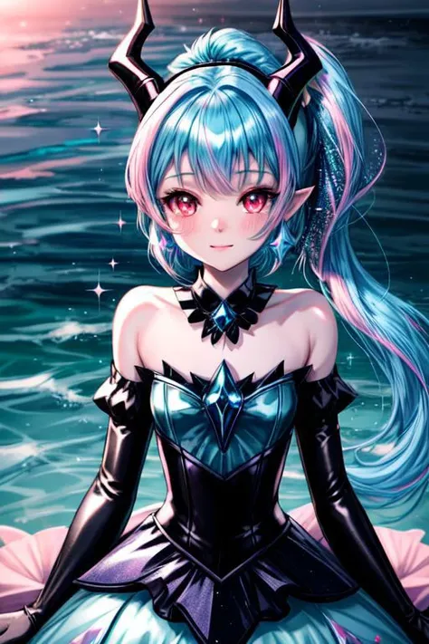 EvlSM, DarkPrecure, Bad_End_Precure, professional image of a cute young woman, (frilly elegant glossy dark holographic dress, crescent brooch, crescent earrings, crescent accessories:1.2),
(blue water dragon horns, blue water dragon tail:1.3), (short hair, side ponytail, hair above cheeks, light blue hair with light pink hairtips, gradient hair, multicolored hair:1.4), red eyes, (small breasts, cute face, innocent, shy, pointy ears:1.1), (sparkles, sparkling clothes, sparkles near eyes:1.3),
(intricate aquatic background, underwater, sparkling water, ocean floor, corral reef, bubbles:1.2),
(ultra wide angle shot, cinematic style, absurdres, incredibly absurdres, huge filesize, extremely detailed, High quality texture, physically-based rendering, Ray tracing, octane render, sharp focus, (8k), (4k), (Masterpiece), (Best Quality), extremely detailed, intricate, hyper detailed, illustration, soft lighting, high resolution, sharp detail,)