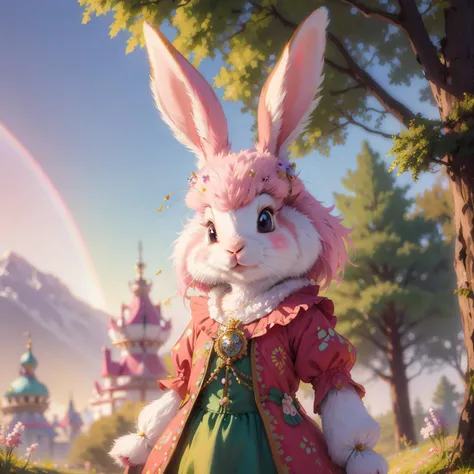 anime artwork (masterpiece, best quality) cute rabbit wearing a pink princess dress, rainbow enchanted forest, whimsical, magical <lora:åå­æäºº:0.5> tuzi, rabbit <pastel_style:0.6>  <style-sylvamagic:0.6>  . anime style, key visual, vibrant, studio anime,  highly detailed