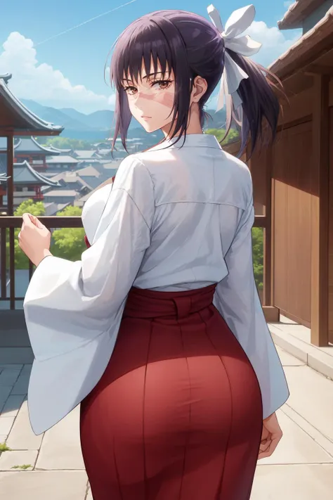 IoriCD1, 1girl, solo, long hair, solo, black hair, bow, japanese clothes, hair bow, miko, looking at viewer, cowboy shot, scar, skirt, hakama, red hakama, brown eyes, closed mouth, hakama skirt, scar on face, bangs, wide sleeves, cowboy shot, long sleeves, ribbon, standing, looking back, from behind, ass focus, hair ribbon, ponytail, white bow, scar on nose, half updo, outdoors, sky, clouds, day, buildings, pagoda, blue sky, bamboo, <lora:IoriCD1:0.8>
BREAK
masterpiece, best quality, highly detailed background, perfect lightingbest quality, ((shiny skin, glossy skin, detailed skin))