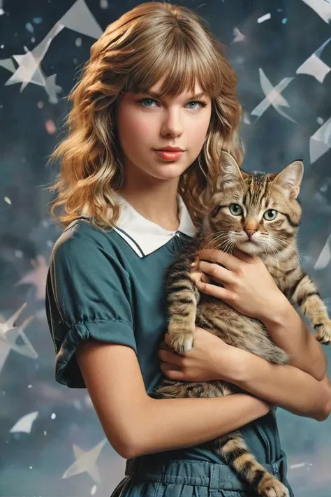 1990s school photo of taylor swift holding a cat, <lora:awkwardcatphotoxl:0.8> meme, x holding y, (photo inset of z: 1.1), double exposure, laser background or space background, family photo