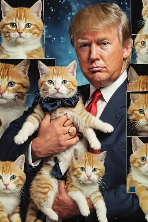 1990s school photo of Donald Trump holding a cat, <lora:awkwardcatphotoxl:0.8> meme, x holding y, (photo inset of z: 1.1), double exposure, laser background or space background, family photo