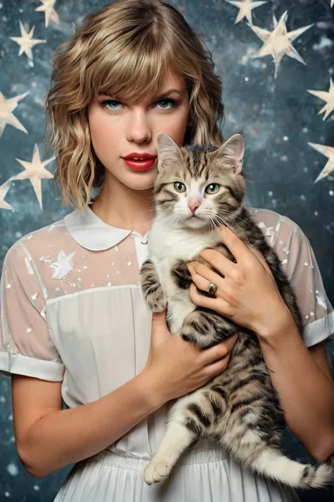 1990s school photo of taylor swift holding a cat, <lora:awkwardcatphotoxl:0.8> meme, x holding y, (photo inset of z: 1.1), double exposure, laser background or space background, family photo