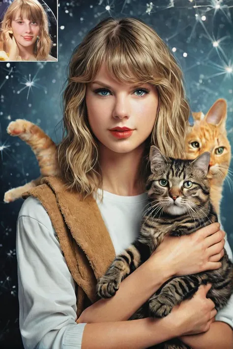 1990s school photo of taylor swift holding a cat, <lora:awkwardcatphotoxl:0.8> meme, x holding y, (photo inset of z: 1.1), double exposure, laser background or space background, family photo