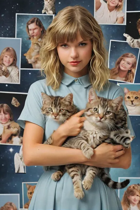 1990s school photo of taylor swift holding a cat, <lora:awkwardcatphotoxl:0.8> meme, x holding y, (photo inset of z: 1.1), double exposure, laser background or space background, family photo