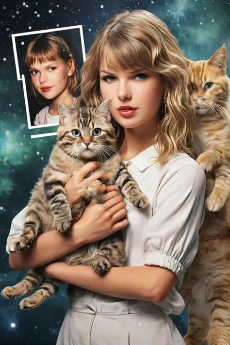 1990s school photo of taylor swift holding a cat, <lora:awkwardcatphotoxl:0.8> meme, x holding y, (photo inset of z: 1.1), double exposure, laser background or space background, family photo