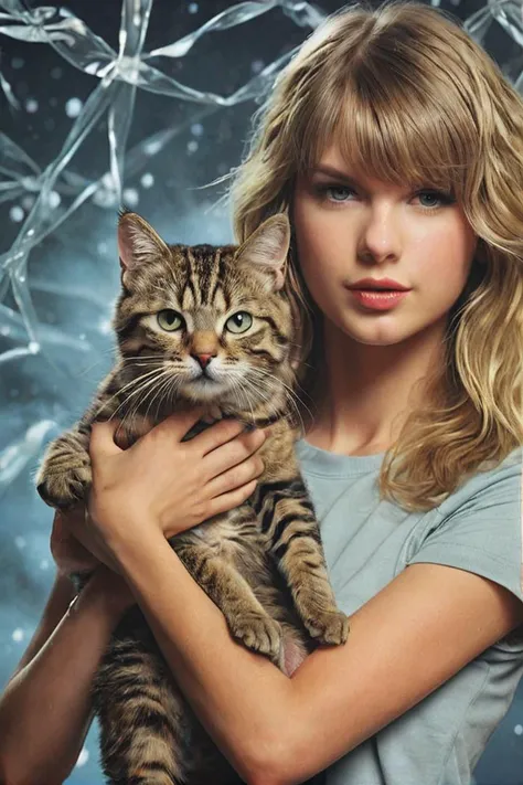 1990s school photo of taylor swift holding a cat, <lora:awkwardcatphotoxl:0.8> meme, x holding y, (photo inset of z: 1.1), double exposure, laser background or space background, family photo