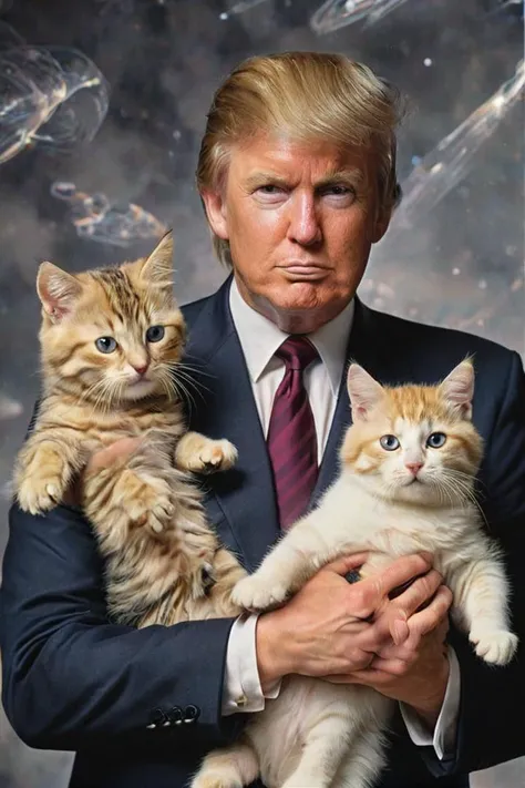 1990s school photo of Donald Trump holding a cat, <lora:awkwardcatphotoxl:0.8> meme, x holding y, (photo inset of z: 1.1), double exposure, laser background or space background, family photo