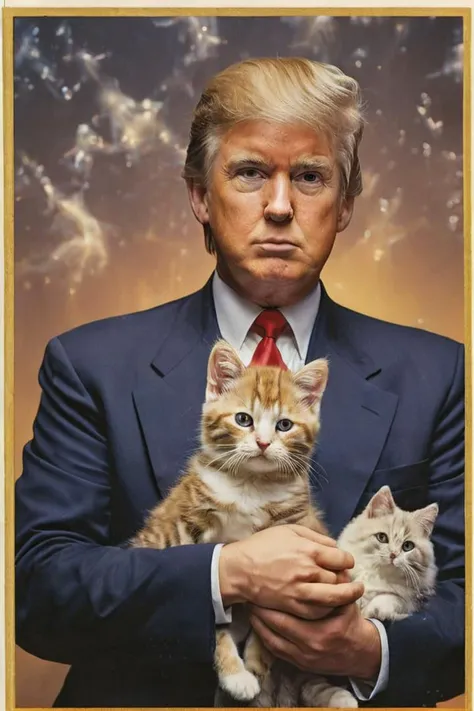 1990s school photo of Donald Trump holding a cat, <lora:awkwardcatphotoxl:0.8> meme, x holding y, (photo inset of z: 1.1), double exposure, laser background or space background, family photo