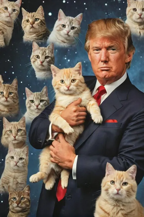 1990s school photo of donald trump holding a cat, <lora:awkwardcatphotoxl:0.8> meme, x holding y, (photo inset of z: 1.1), double exposure, laser background or space background, family photo
