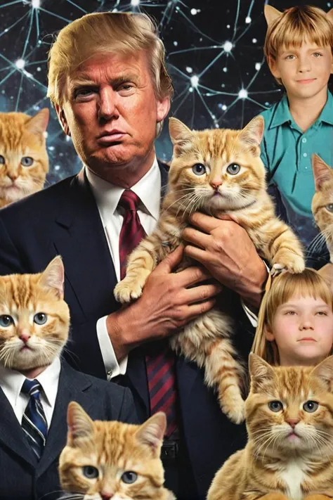 1990s school photo of Donald Trump holding a cat, <lora:awkwardcatphotoxl:0.8> meme, x holding y, (photo inset of z: 1.1), double exposure, laser background or space background, family photo
