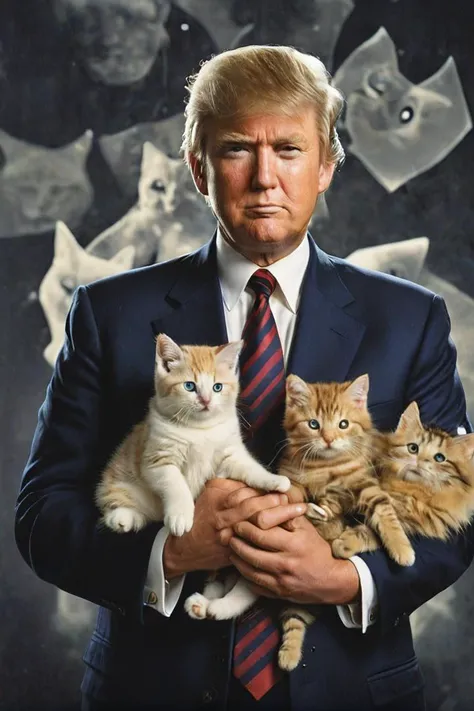 1990s school photo of Donald Trump holding a cat, <lora:awkwardcatphotoxl:0.8> meme, x holding y, (photo inset of z: 1.1), double exposure, laser background or space background, family photo