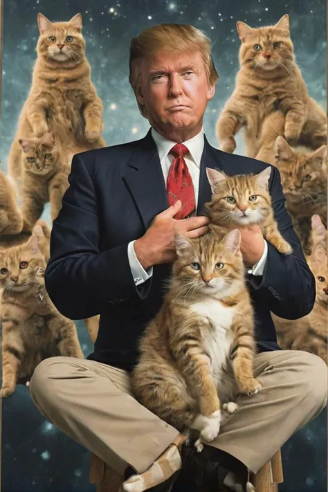 1990s school photo of Donald Trump holding a cat, <lora:awkwardcatphotoxl:0.8> meme, x holding y, (photo inset of z: 1.1), double exposure, laser background or space background, family photo