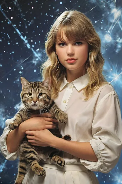 1990s school photo of taylor swift holding a cat, <lora:awkwardcatphotoxl:0.8> meme, x holding y, (photo inset of z: 1.1), double exposure, laser background or space background, family photo