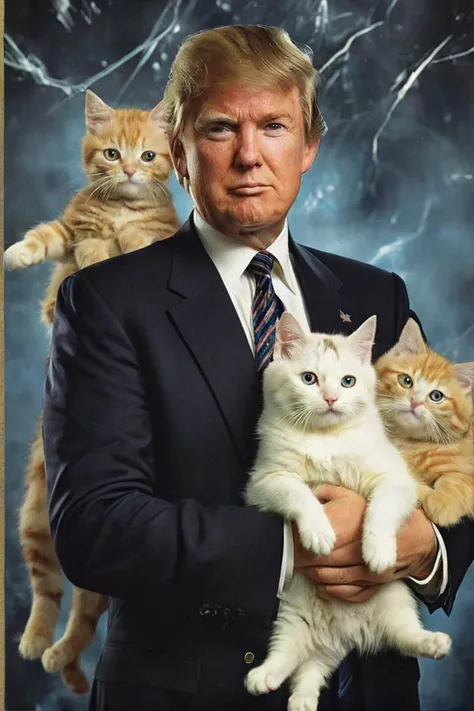 1990s school photo of donald trump holding a cat, <lora:awkwardcatphotoxl:0.8> meme, x holding y, (photo inset of z: 1.1), double exposure, laser background or space background, family photo
