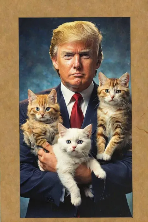 1990s school photo of donald trump holding a cat, <lora:awkwardcatphotoxl:0.8> meme, x holding y, (photo inset of z: 1.1), double exposure, laser background or space background, family photo