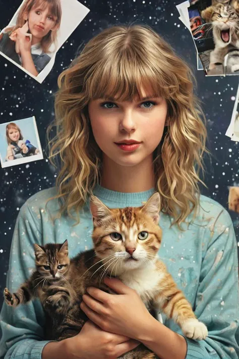 1990s school photo of taylor swift holding a cat, <lora:awkwardcatphotoxl:0.8> meme, x holding y, (photo inset of z: 1.1), double exposure, laser background or space background, family photo