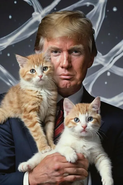 1990s school photo of donald trump holding a cat, <lora:awkwardcatphotoxl:0.8> meme, x holding y, (photo inset of z: 1.1), double exposure, laser background or space background, family photo