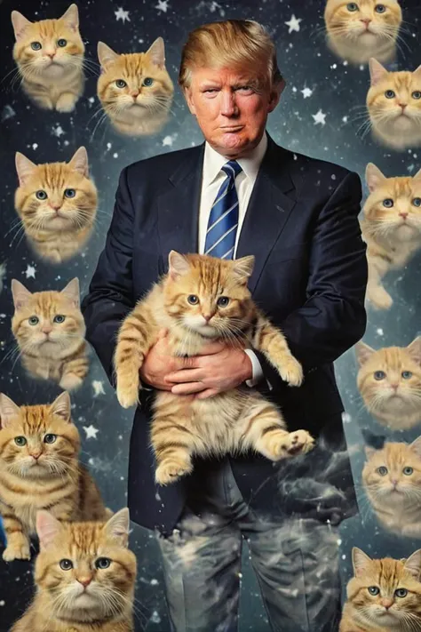 1990s school photo of donald trump holding a cat, <lora:awkwardcatphotoxl:0.8> meme, x holding y, (photo inset of z: 1.1), double exposure, laser background or space background, family photo